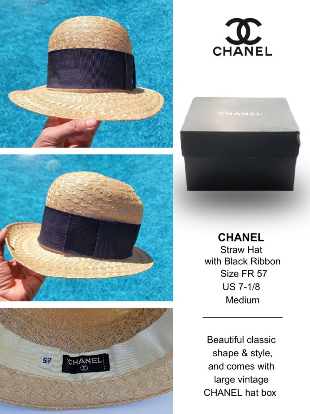 CHANEL Straw Hat Beige, Black Ribbon band, size 57, 7-1/8 US, 22.5 in. vintage